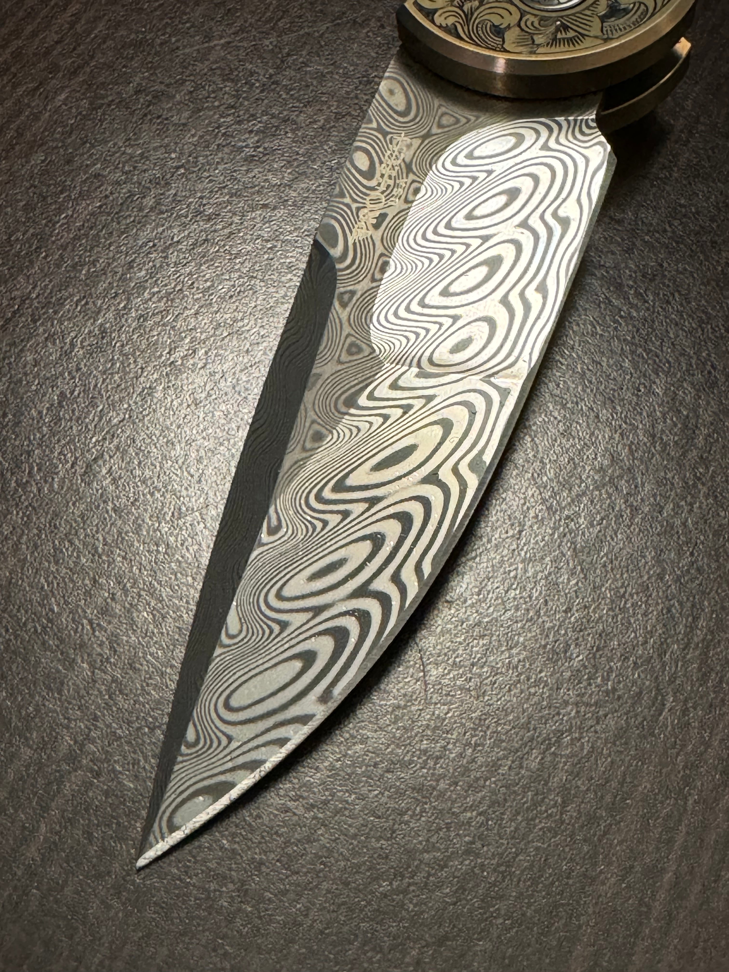 Protech Pro-Tech 2024 TR-3 Custom 002 Champagne Pink Ti Frame Bruce Shaw Hand Engraving with American Eagle Gold Coin, Irie Ground Damasteel Blade