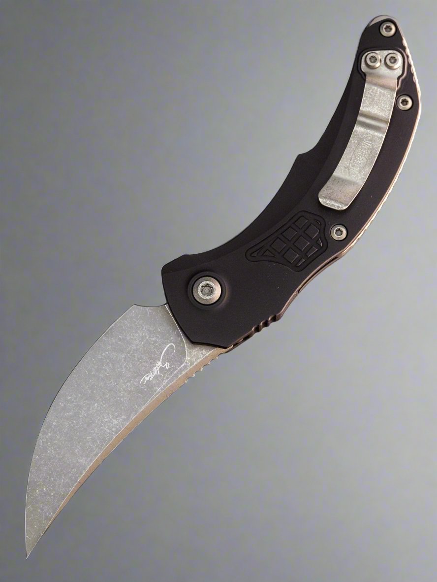 Microtech/Bastinelli Creations 268A-10AP Brachial AUTO Folding Knife 3.5" Apocalyptic Trailing Point Blade, Milled Black Aluminum Handles *