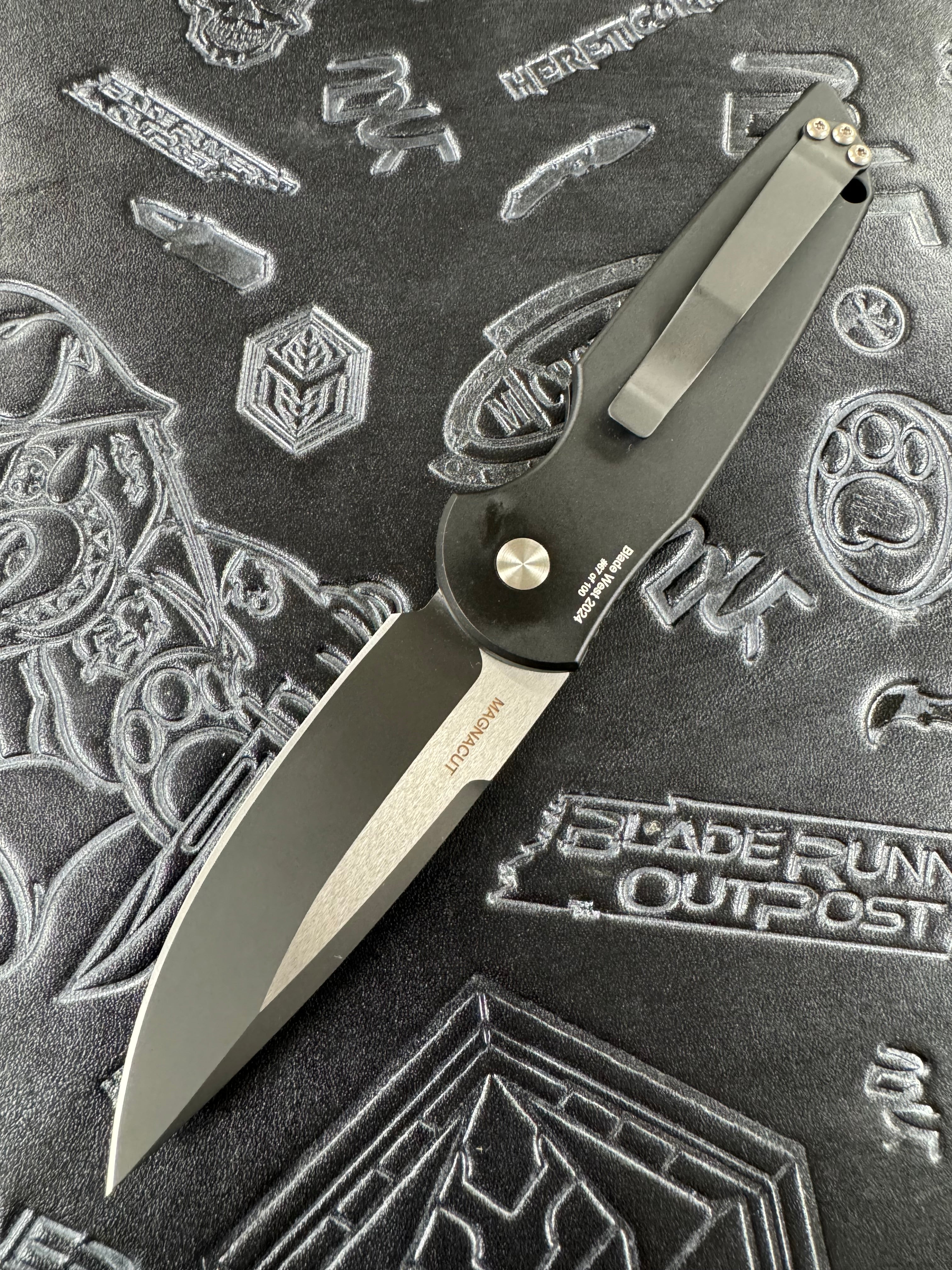 Pro-Tech Knives TR-3 Tactical Response 3 2024 Blade Show West 03 Black handle with Grooves Auto Folder Knife 2-Tone DLC Black and Satin Magnacut Blade 3.5, Abalone Button