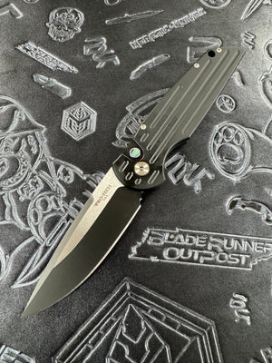 Pro-Tech Knives TR-3 Tactical Response 3 2024 Blade Show West 03 Black handle with Grooves Auto Folder Knife 2-Tone DLC Black and Satin Magnacut Blade 3.5, Abalone Button