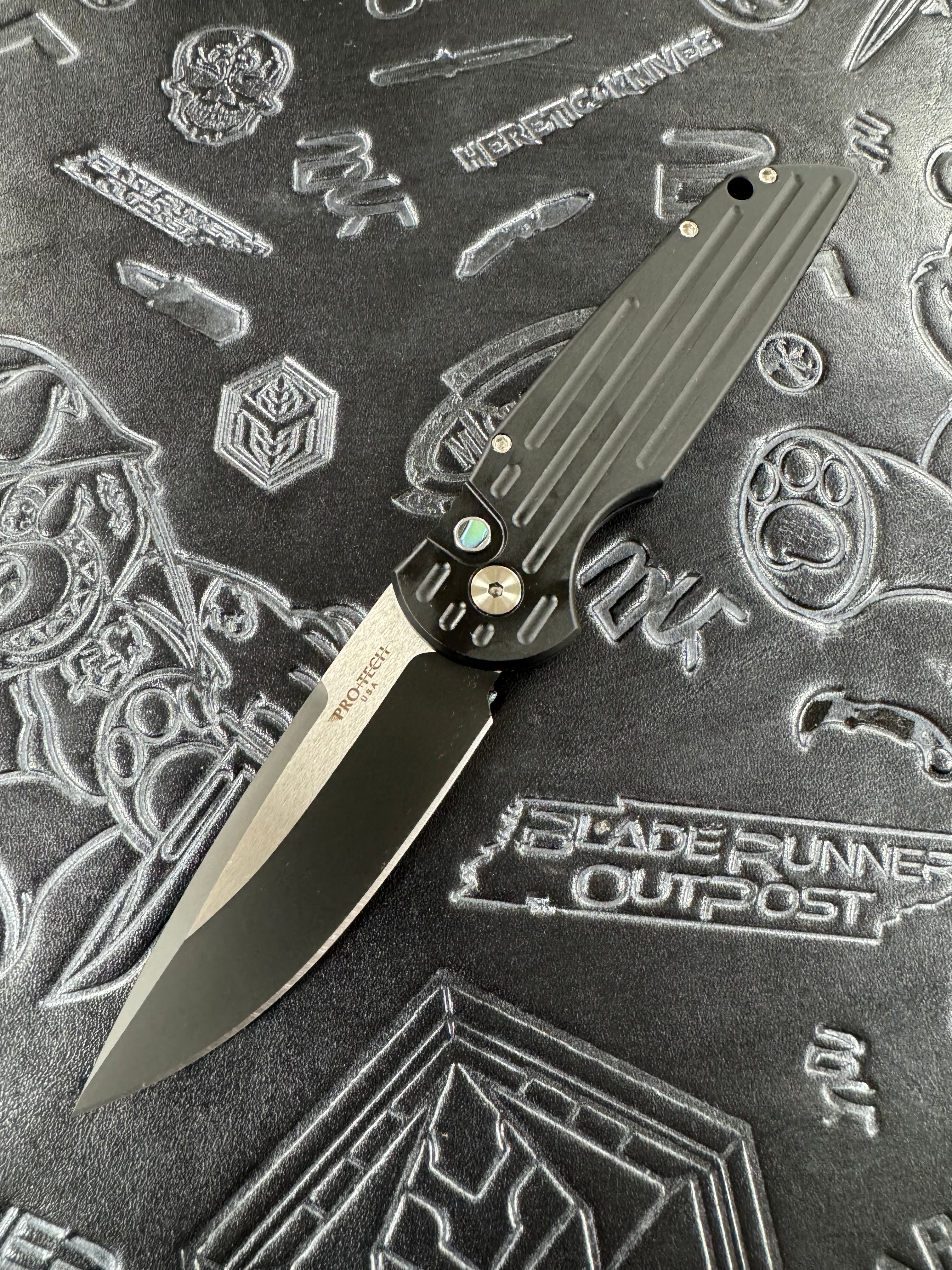 Pro-Tech Knives TR-3 Tactical Response 3 2024 Blade Show West 03 Black handle with Grooves Auto Folder Knife 2-Tone DLC Black and Satin Magnacut Blade 3.5, Abalone Button