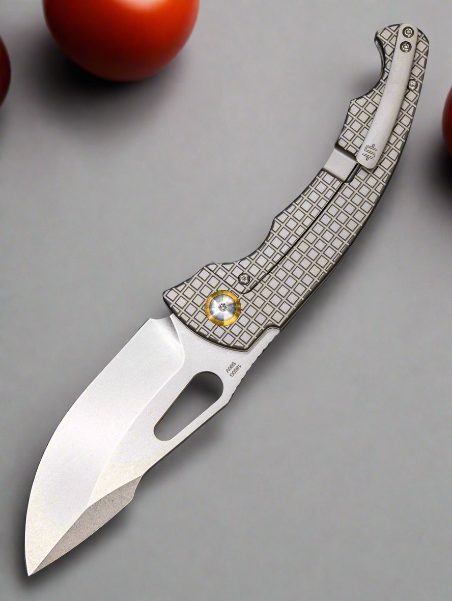 ARTISAN CUTLERY XCELLERATOR FOLDING KNIFE GRAY TITANIUM HANDLE S90V DROP POINT PLAIN EDGE STONEWASH FINISH 1860G-GY