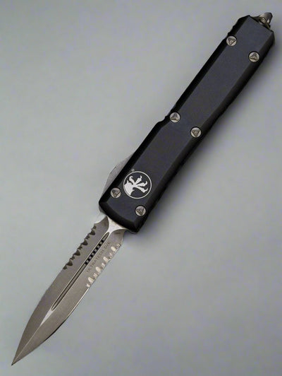 MICROTECH ULTRATECH OTF KNIFE- BLACK HANDLE- PART SERRATED APOCALYPTIC BLADE 122-11 AP