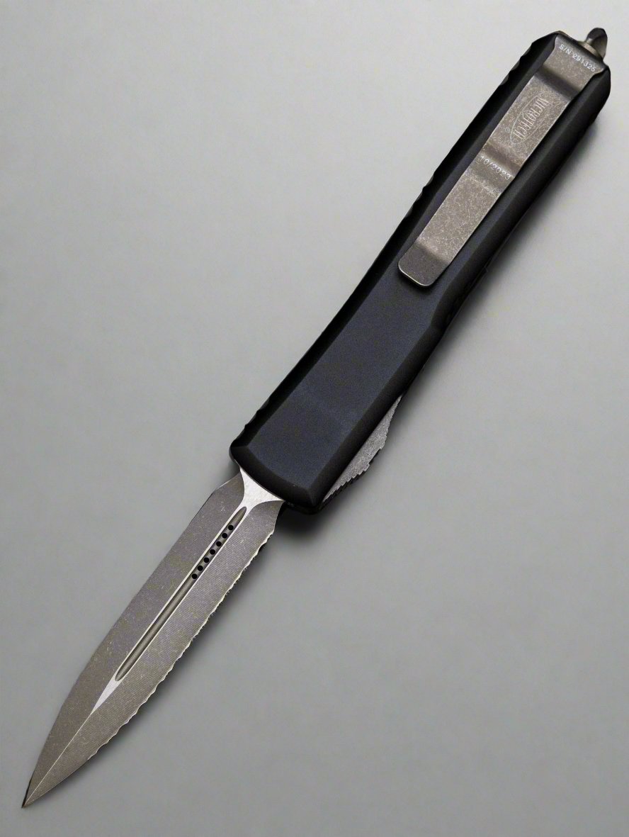 MICROTECH ULTRATECH OTF KNIFE- DOUBLE EDGE- BLACK HANDLE- APOCALYPTIC FULL SERRATED BLADE 122-12 AP