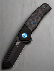 Beans Blades Mini Warrior Folder - Black Carbon Fiber, Titanium Handle, Blue Accents, PVD M390
