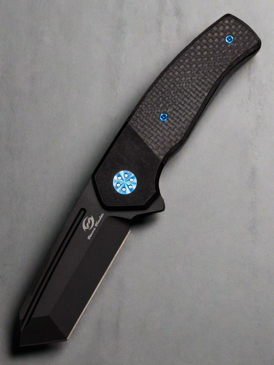 Beans Blades Mini Warrior Folder - Black Carbon Fiber, Titanium Handle, Blue Accents, PVD M390