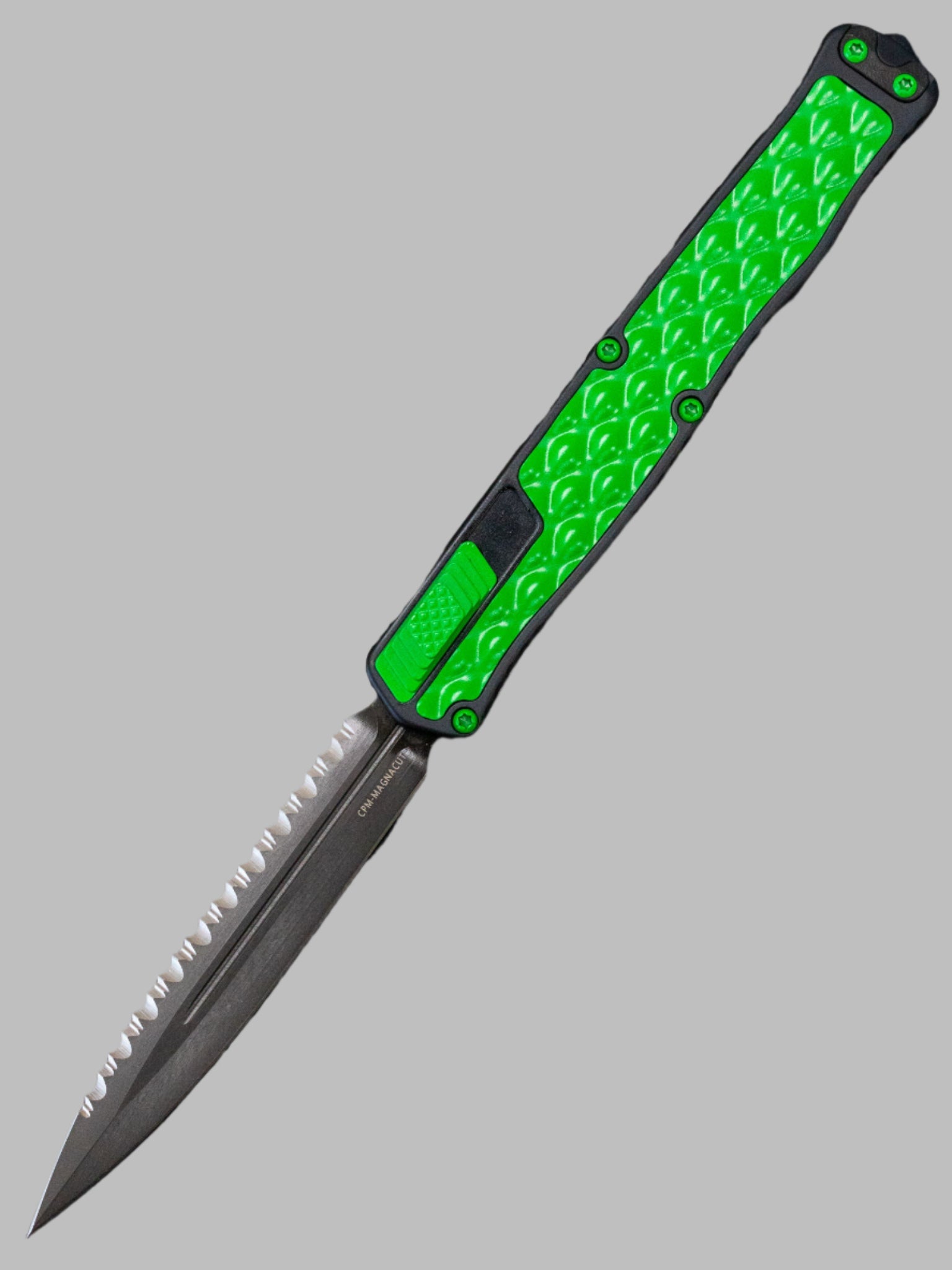 Heretic Knives Cleric II 2 Toxic Green Bubble Inlaid w/ DLC Full Serrated Double Edge Magnacut
