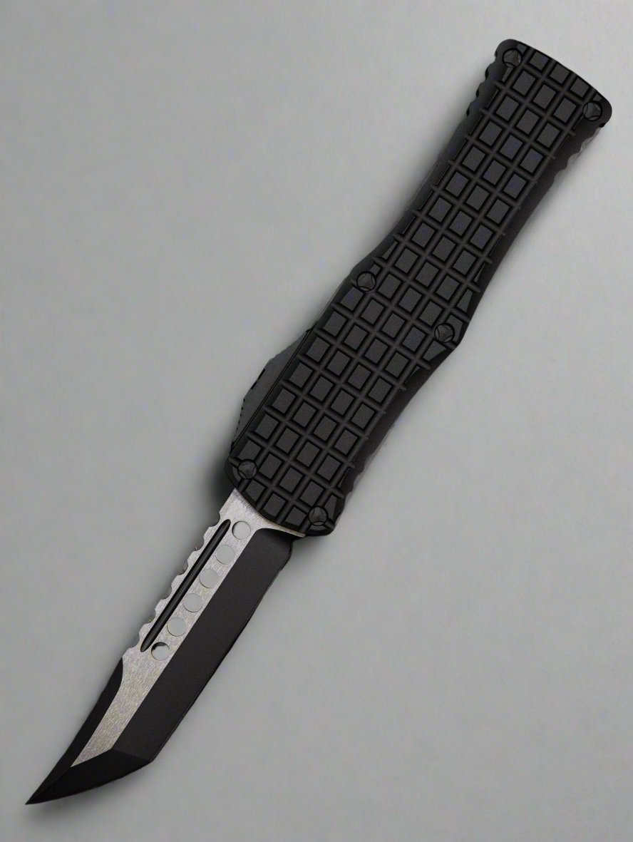 Microtech 919-1TFRS Signature Series Hera Tactical OTF AUTO Knife 3.125" Black Hellhound Tanto Blade, Black Frag Aluminum Handles