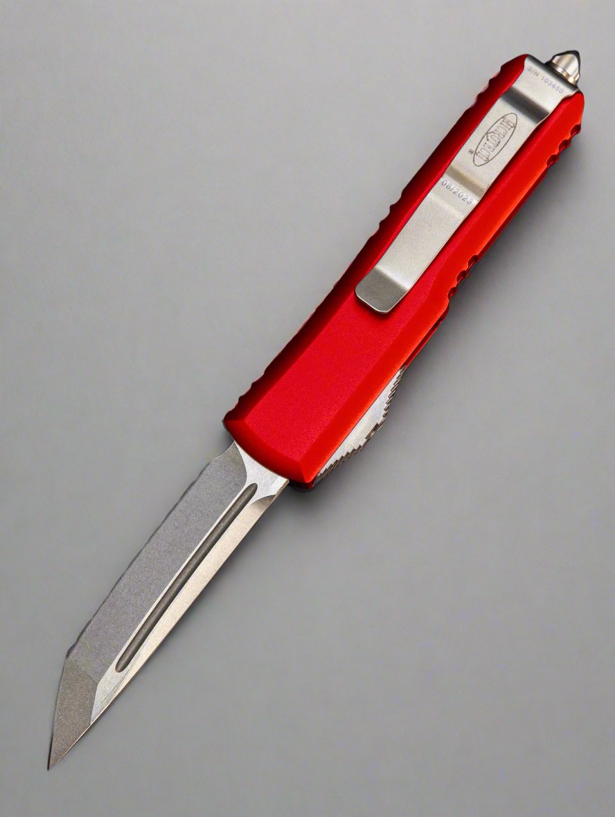 MICROTECH UTX-85 OTF AUTOMATIC KNIFE 3.1" TANTO SERRATED STONEWASH Red 233-12 RD