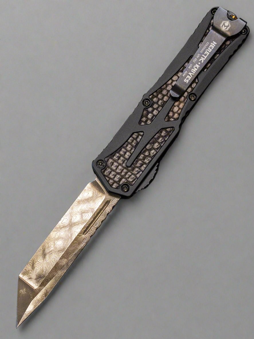 Pre Owned Heretic Knives Custom Colossus Hand Ground Vegas Forge Tanto Blade Black Ano Handle Brown Monitor Inlay DLC HW