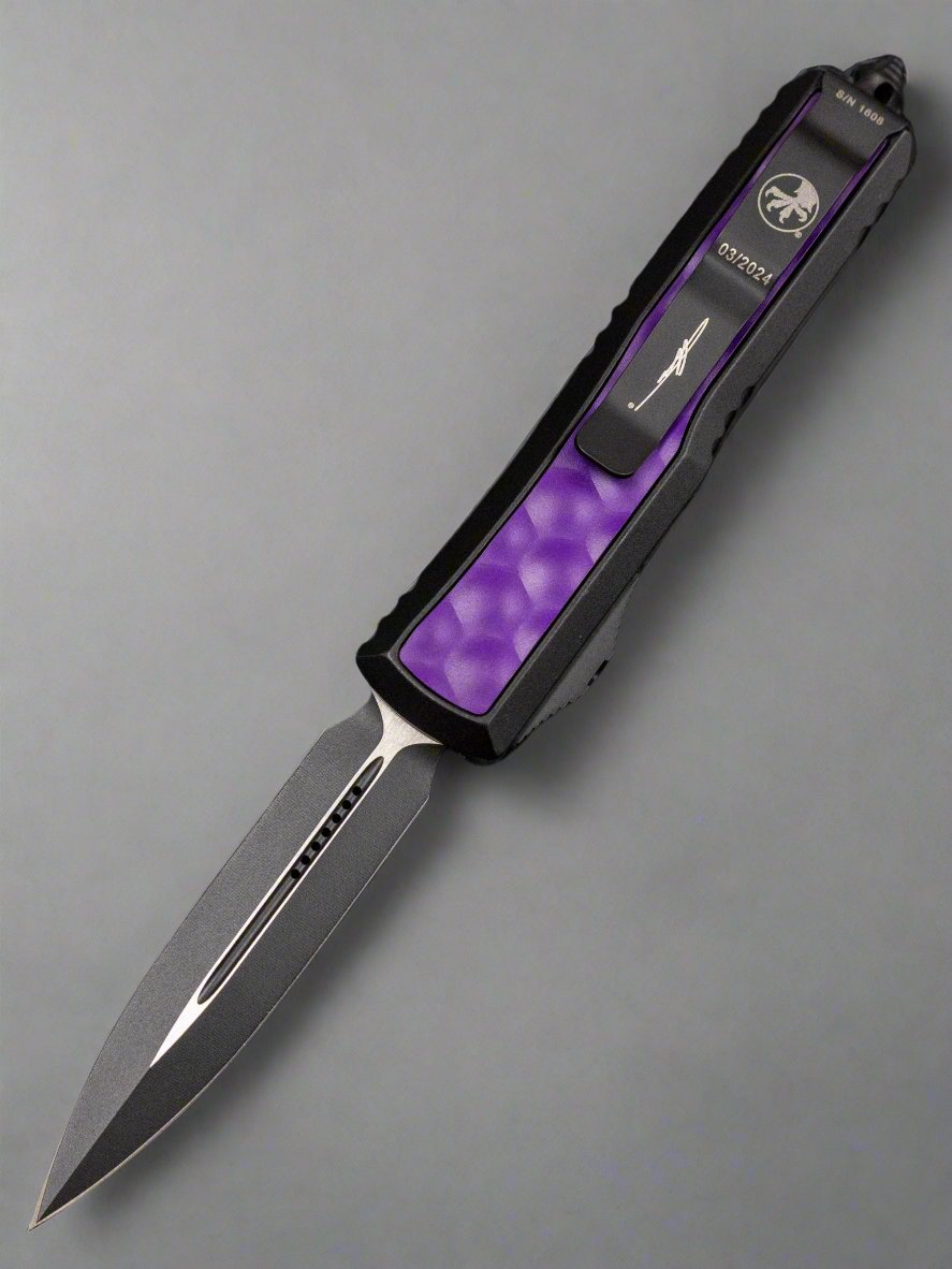 MICROTECH DAYTONA OTF AUTOMATIC KNIFE Purple BUBBLE INLAY 3.1" Double Edge BLACK 126-1 BIPUS