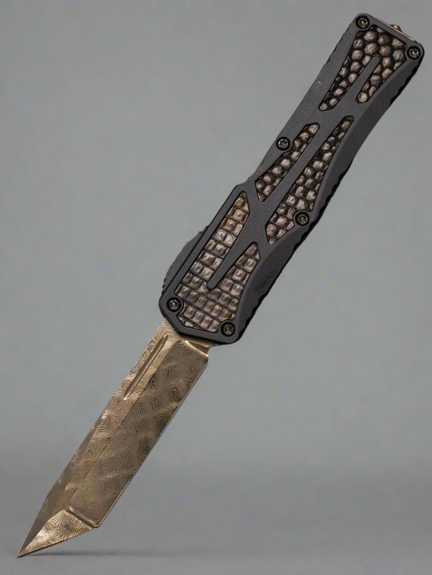 Pre Owned Heretic Knives Custom Colossus Hand Ground Vegas Forge Tanto Blade Black Ano Handle Brown Monitor Inlay DLC HW