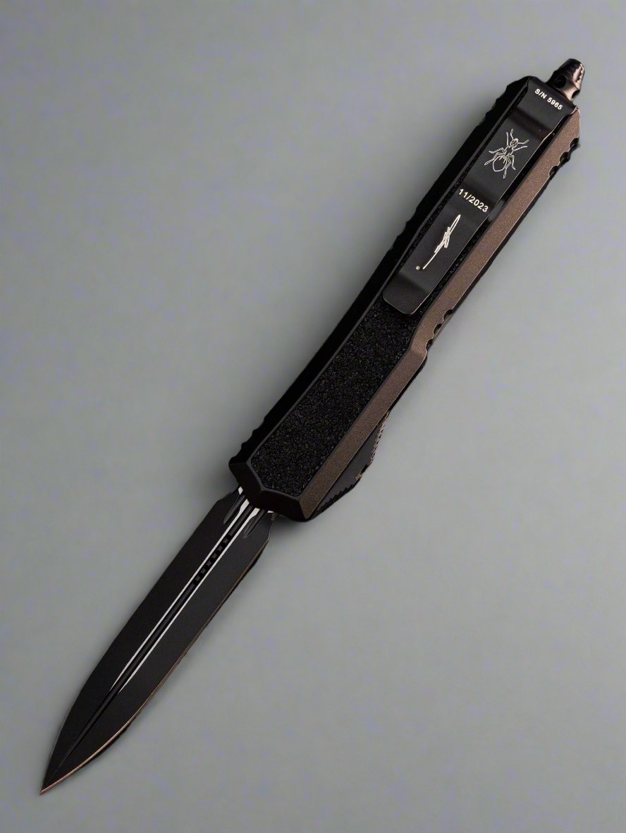 Microtech 206-1TS Signature Series Makora Tactical OTF AUTO 3.3" Black Double Edge Dagger Blade, Black Aluminum Handles with Black Traction Inlays