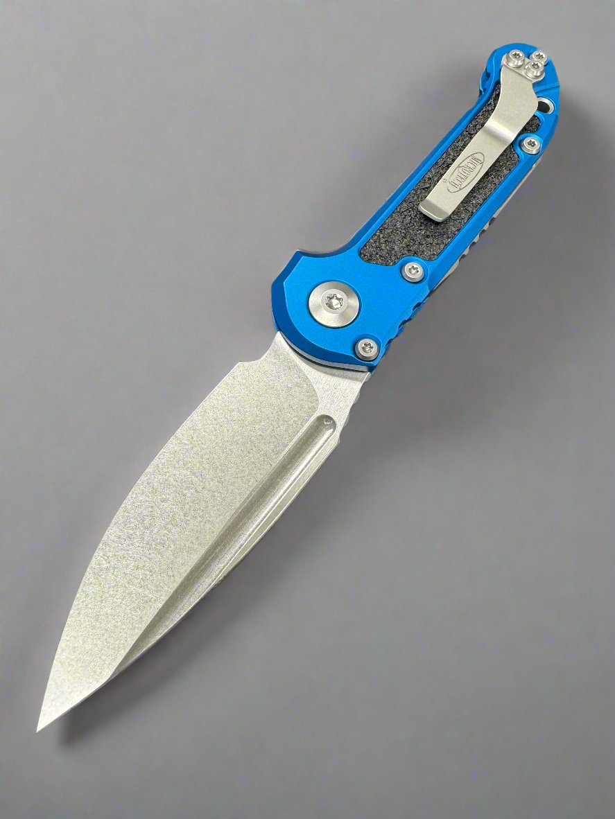 Microtech Knives LUDT Gen III Stonewash Drop Point w/ Blue Handle 1135-10 BL
