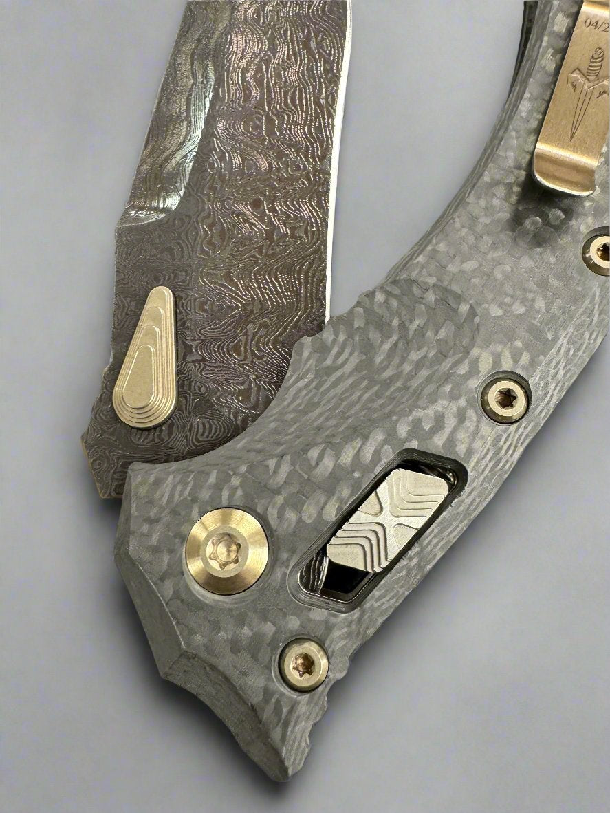 Marfione Custom Knives Amphibian RAM-LOK Pekka Tuominen Damascus w Bronze Two Tone Hardware & Carbon Fiber Handles Prototype 1/1