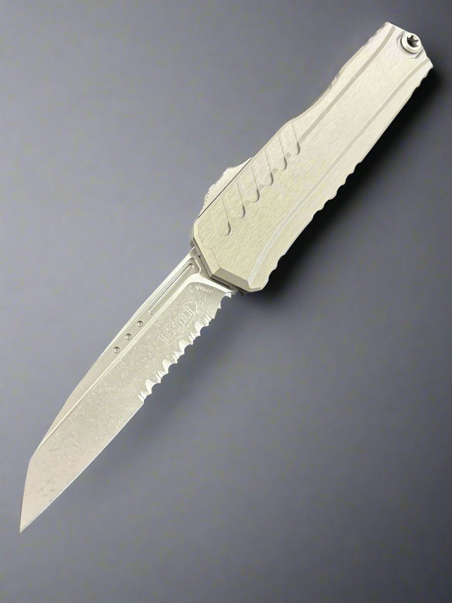MICROTECH CYPHER II OTF AUTOMATIC KNIFE NATURAL GREY 3.5" WHARNCLIFFE APOCALYPTIC STONEWASH SERRATED 1241-11APNC