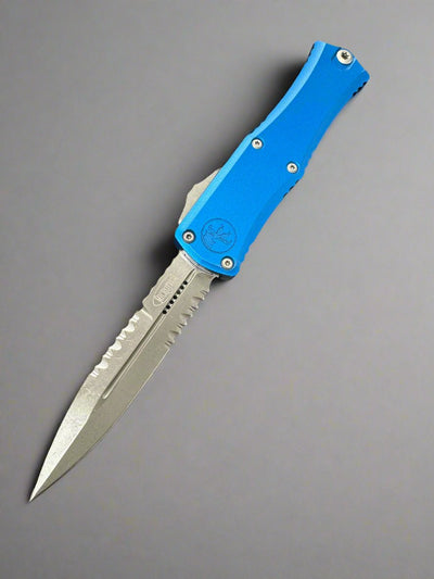 MICROTECH HERA MINI OTF AUTOMATIC KNIFE BLUE 3" BAYONET Apocalyptic SERRATED 1701M-11 APBL