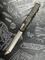 Pre Owned Heretic Knives Custom Cleric II - Tanto - Hand Ground Vegas Forge Polished Damascus, Black Ano handle w/ Marbled CF Inlay, Flamed Ti Button & Clip