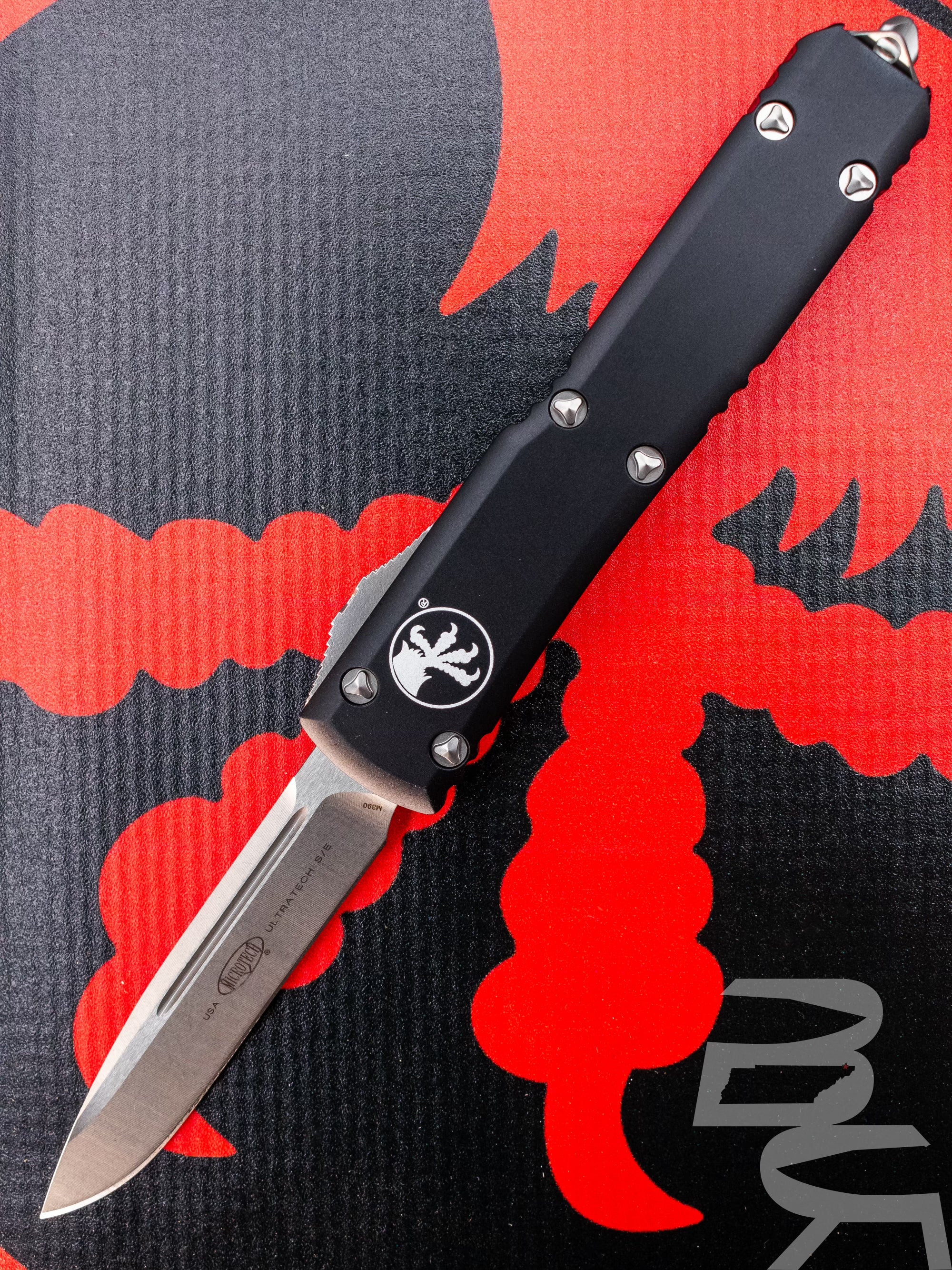 Microtech 121-10 Ultratech AUTO OTF Knife 3.46" Stonewashed Plain Blade, Black Aluminum Handles