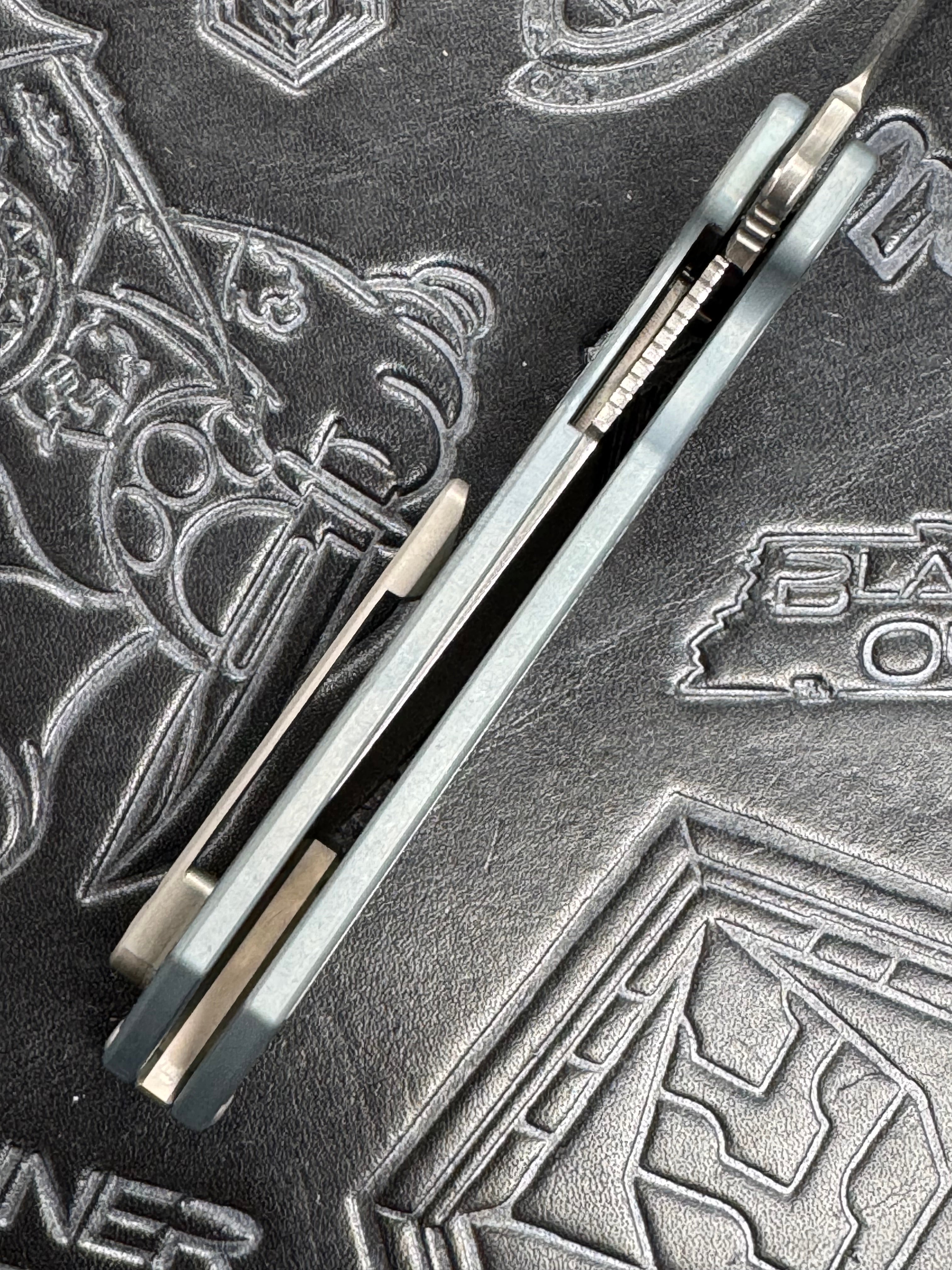 American Blade Works MODEL 2 TITANIUM Factory Light Blue Ano Wharncliffe Magnacut