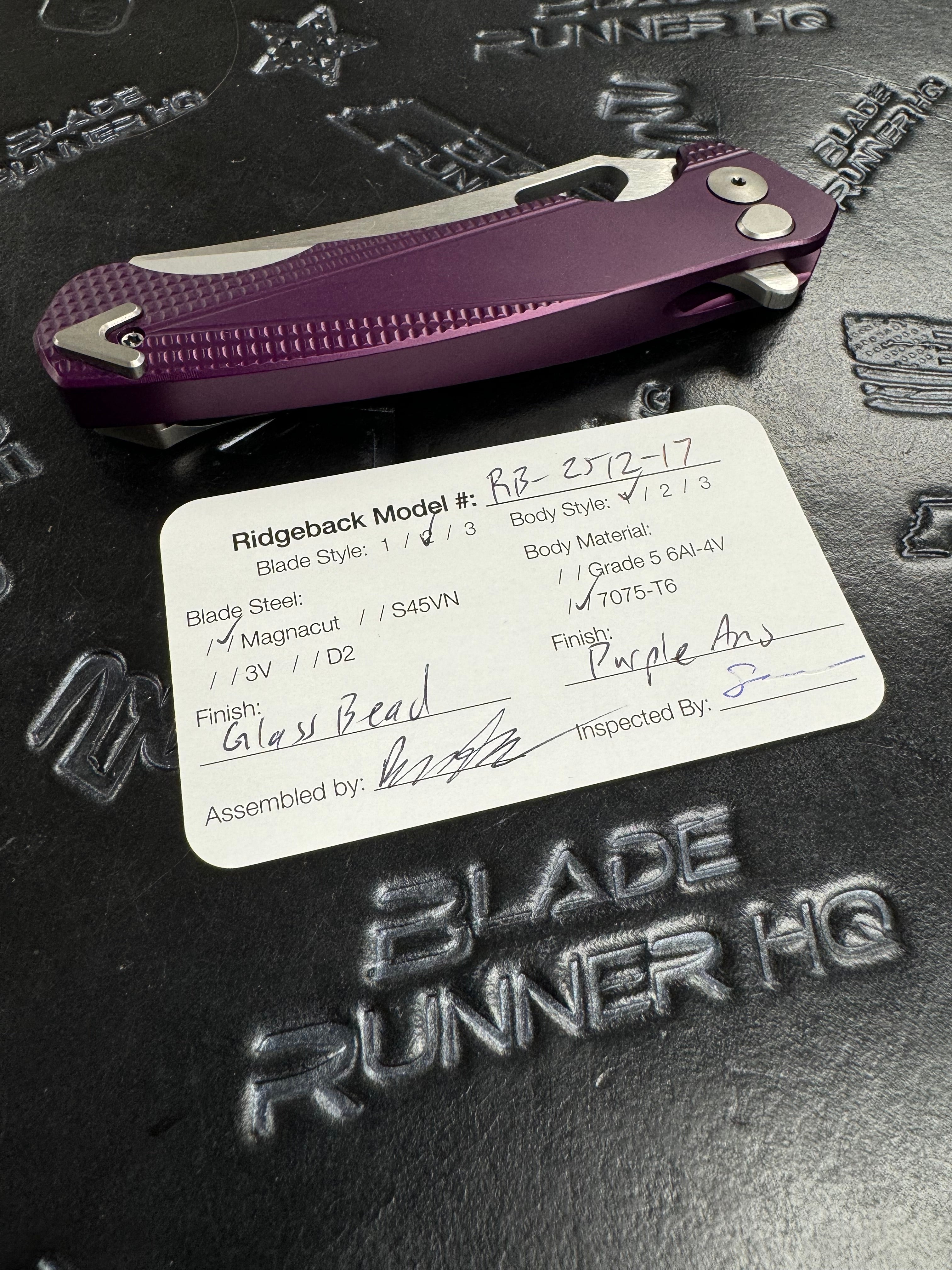Dead Reckon Knives Ridgeback - Aluminum Purple, WharnCleaver, Series 2, Body 1, Magnacut, Button Lock, Glass Bead 2 Tone Finish