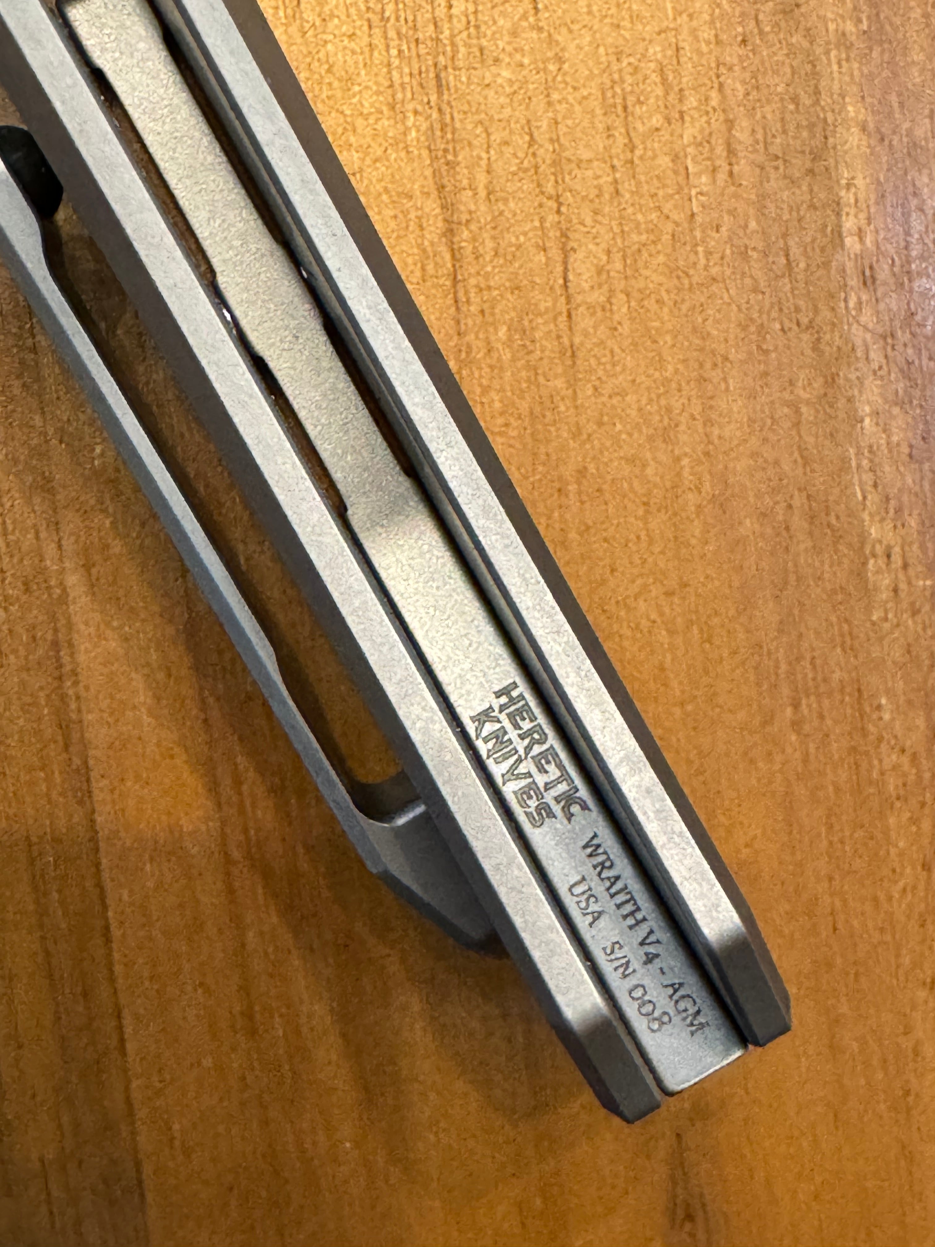 Heretic Custom V4 Wraith Bowie Mirror Polish M390 Hefted Titanium w Abalone Inlays