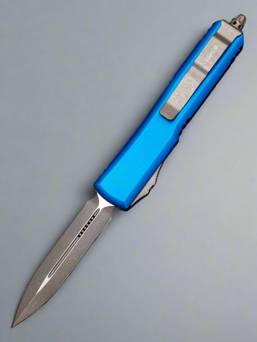 MICROTECH ULTRATECH OTF KNIFE- DOUBLE EDGE- BLUE HANDLE- APOCALYPTIC FINISHED BLADE 122-10 APBL