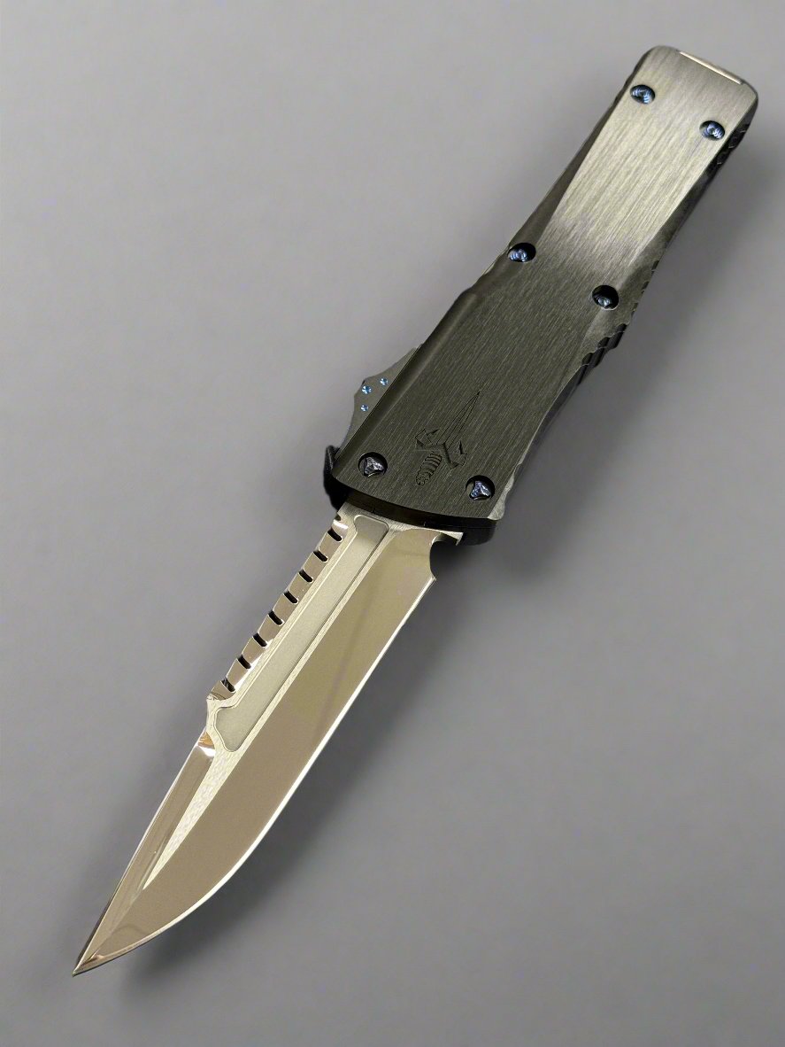Pre Owned Marfione Custom Knives Combat Troodon Interceptor Mirror Polish w/ Hefted Black Handle & Blue Ringed Hardware
