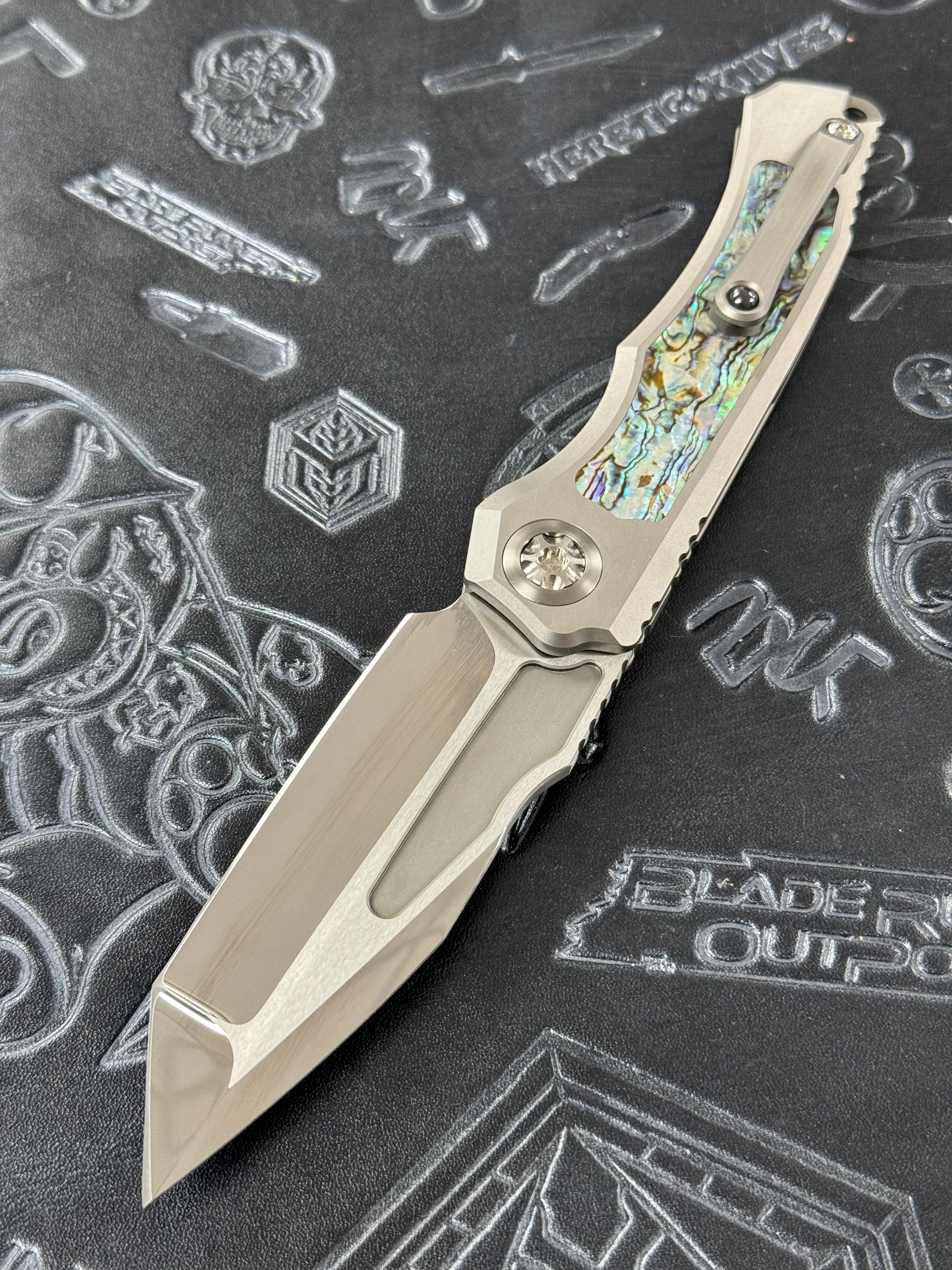 Heretic Knives Custom Wraith Auto V4 w/ Abalone Inlays & Hand Ground Mirror M390 Tanto Blade