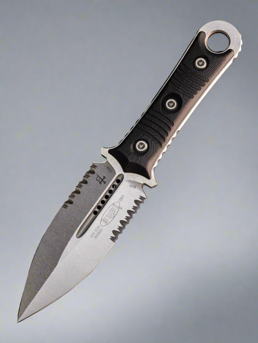 Microtech/Borka Blades 201-11 SBD Fixed Blade Knife 4.375" Stonewashed Double Combo Edge Dagger Blade, Milled Black G10 Handles, Kydex Sheath