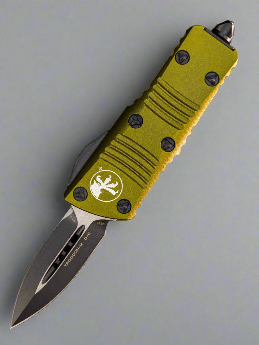 MICROTECH MINI TROODON OTF KNIFE- DOUBLE EDGE- OD GREEN HANDLE- BLACK BLADE 238-1 OD