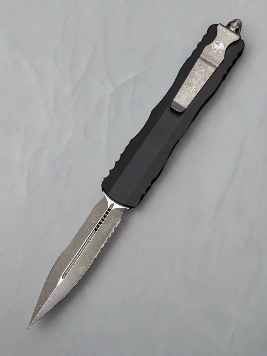 Microtech 227-11AP Dirac Delta D/E - Black Handle Partial Serrations - Apocalyptic Blade