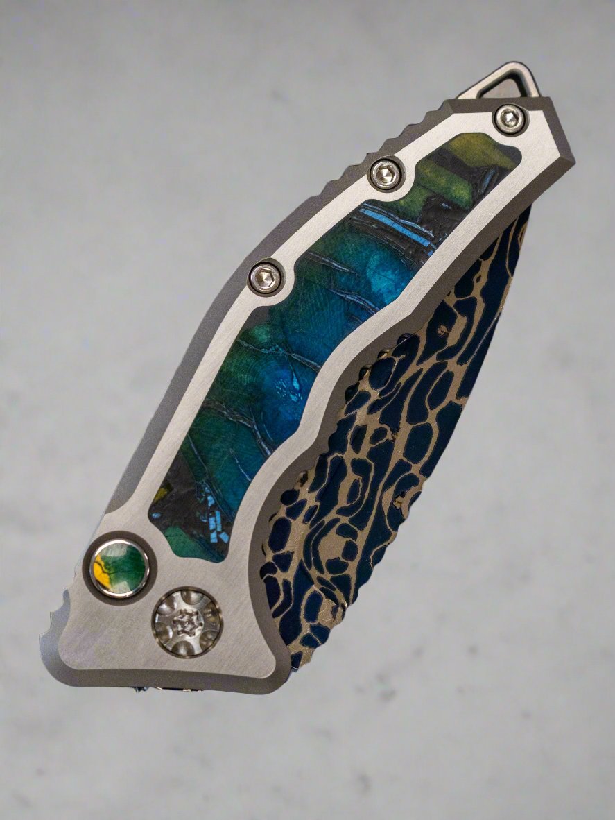 Pre Owned Heretic Medusa (SN 005) Blue Vegas Forge Damascus Titanium w/ Mammoth Ivory Inlays Mammoth Ivory Inlaid Button