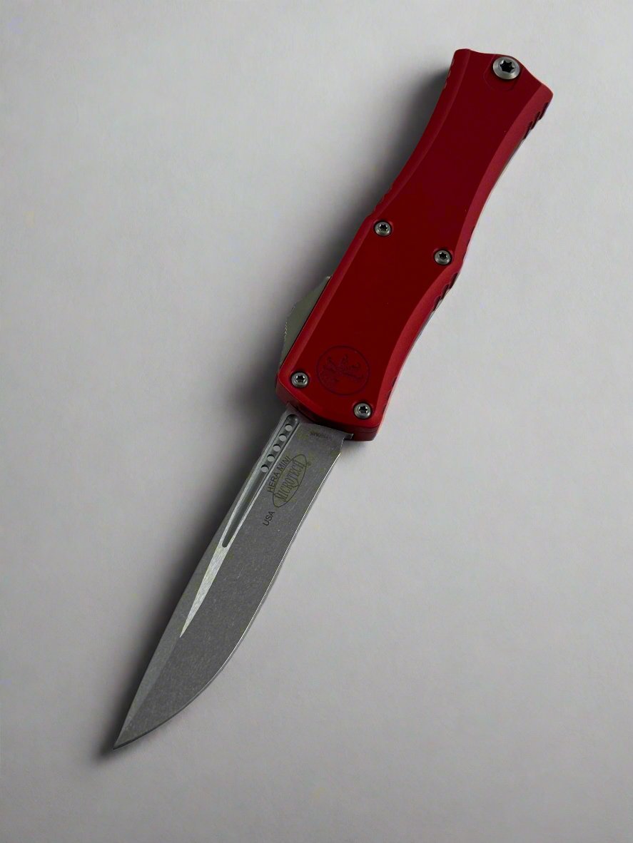 Microtech Knives Mini Hera Stonewash Recurve M390MK w/ Red Handle 1705M-10 RD
