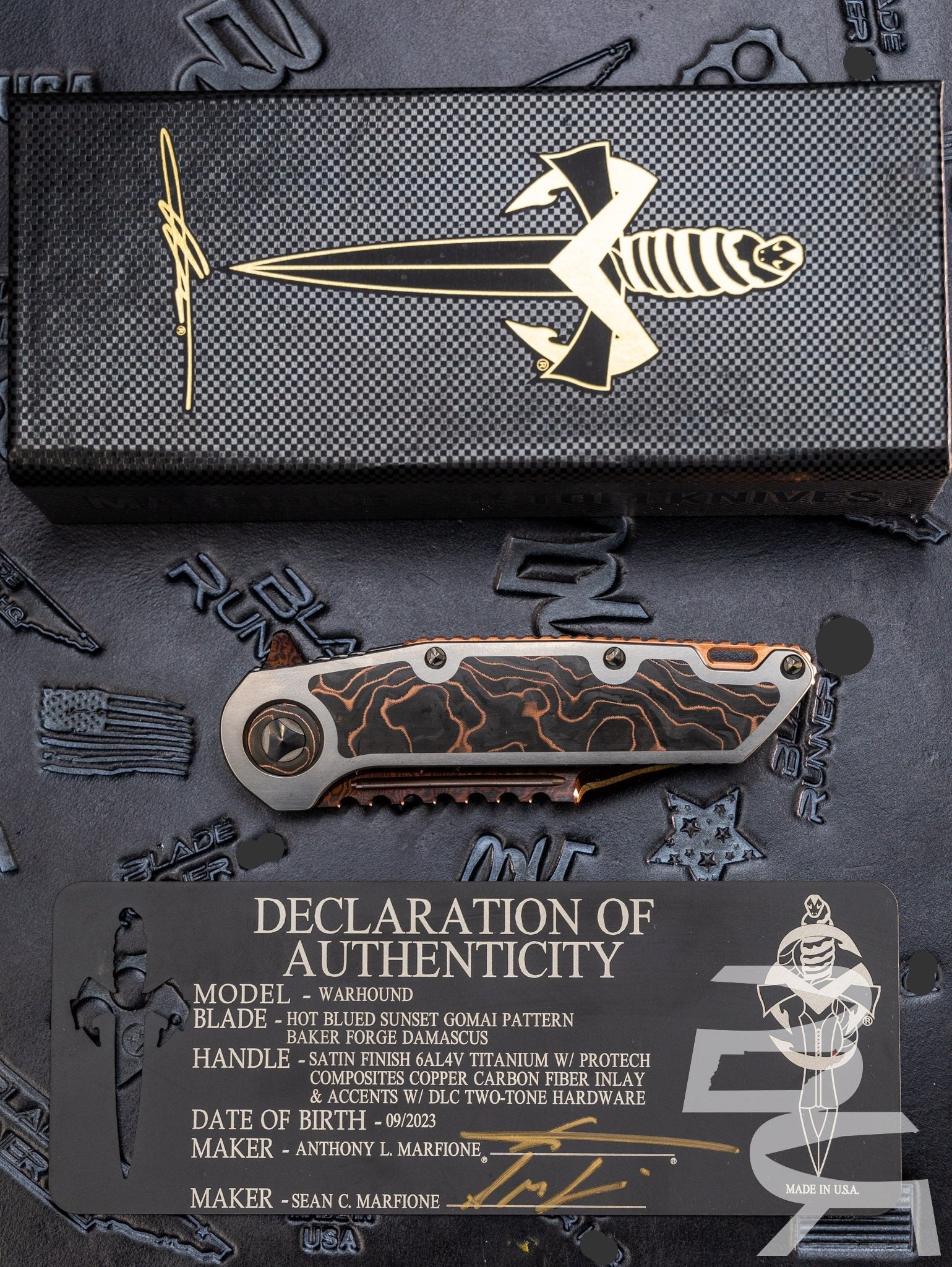 Marfione Custom Knives Warhound Sunset GoMai Baker Forge Damascus w/ Titanium & Protech Composites Copper CF Inlay