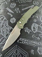 Pro-Tech Knives TR-4 Tactical Response 4 Saber Grind Blade Show West 2024 Auto Folder Green handle w/Feather Texture w/ Steel Secondary Safety - Stonewash Magnacut 4" Blade and MOP Button