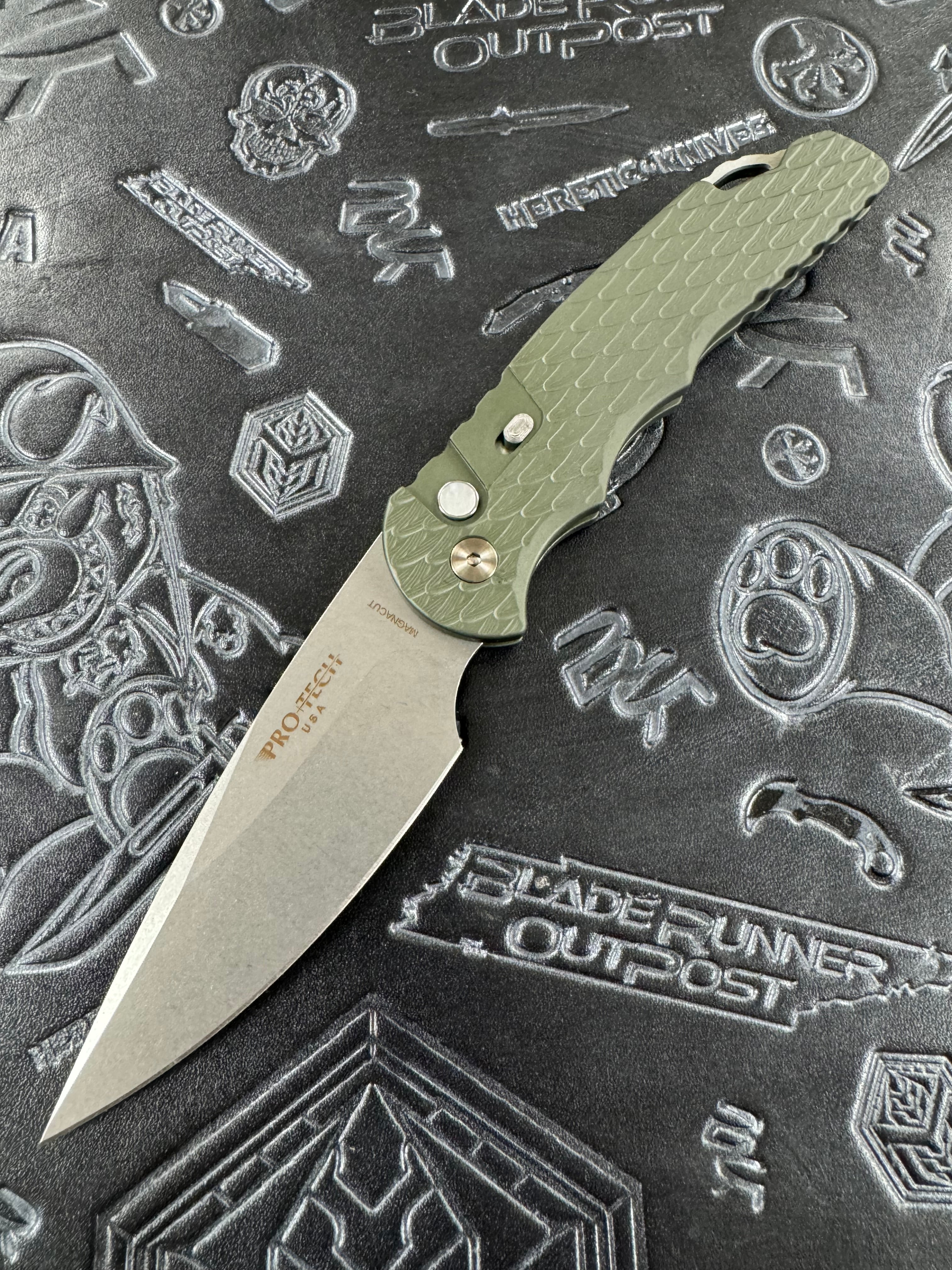 Pro-Tech Knives TR-4 Tactical Response 4 Saber Grind Blade Show West 2024 Auto Folder Green handle w/Feather Texture w/ Steel Secondary Safety - Stonewash Magnacut 4" Blade and MOP Button