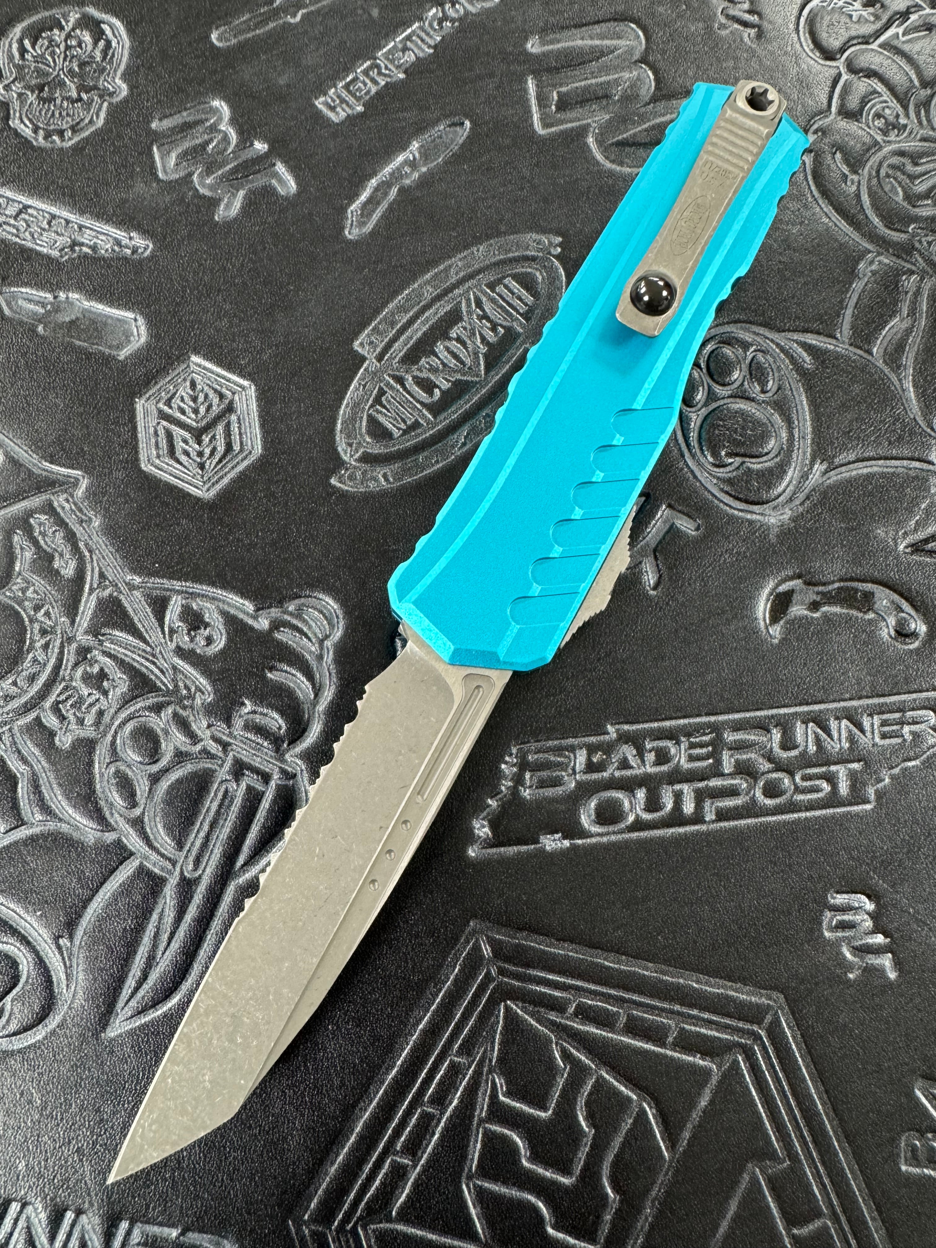 Microtech Cypher II S/E Partial Serrated Apocalyptic w/ Turquoise Handle 1241-11 APTQ