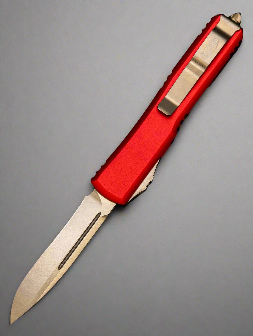 MICROTECH ULTRATECH OTF KNIFE- SINGLE EDGE- RED HANDLE- BRONZED PART SERRATED BLADE 121-14 RD