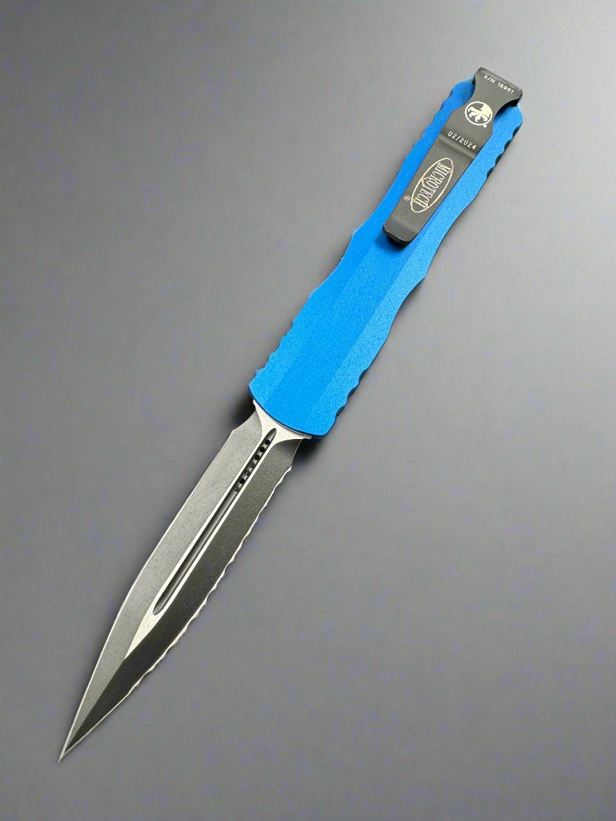 MICROTECH DIRAC OTF KNIFE- DOUBLE EDGE- BLUE HANDLE- BLACK FULL SERRATED BLADE AND HW 225-3 BL
