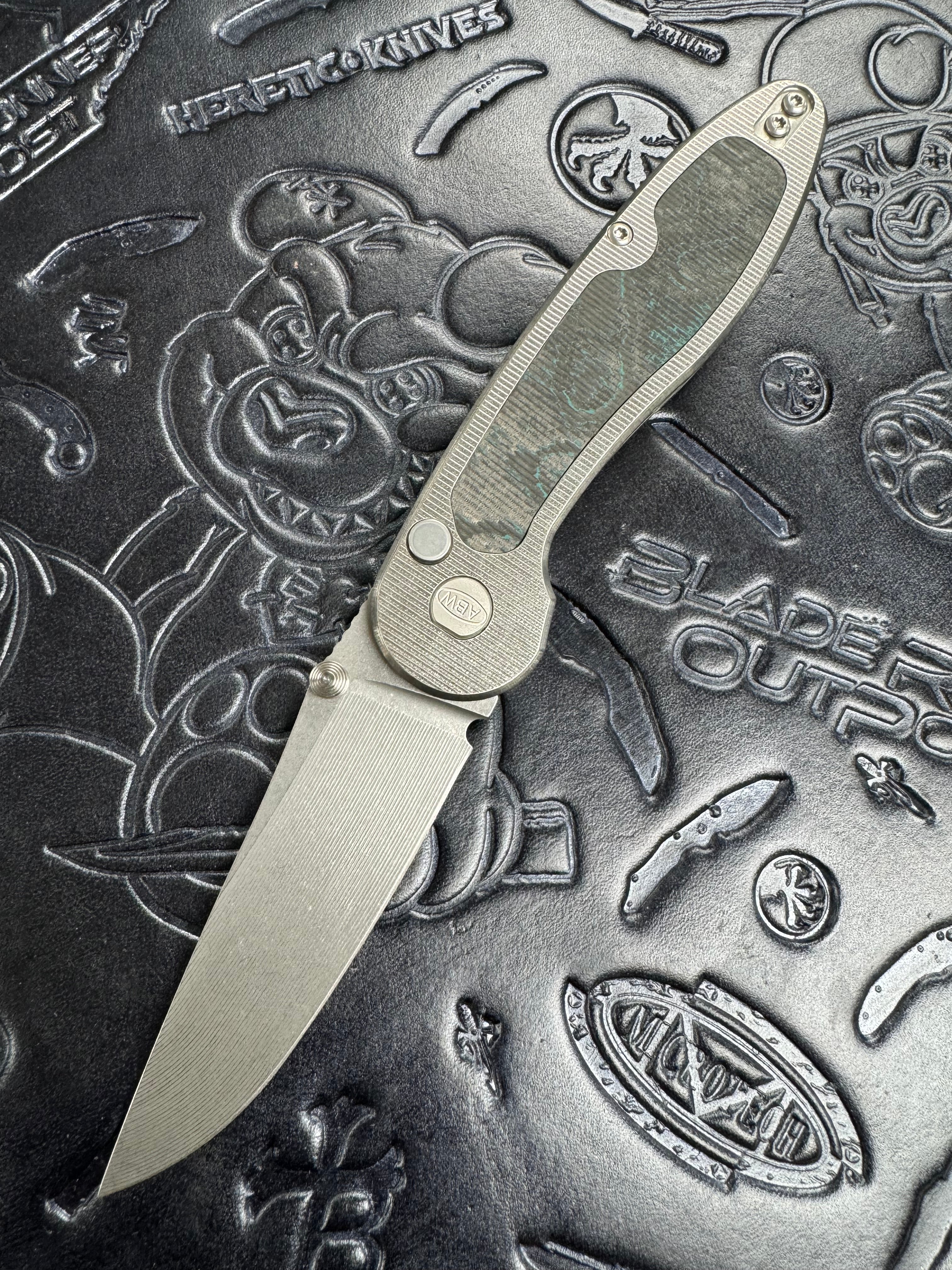 ABW American Blade Works Model 1 Titanium Button Lock Magnacut USA Brittany Blue Camo Inlays