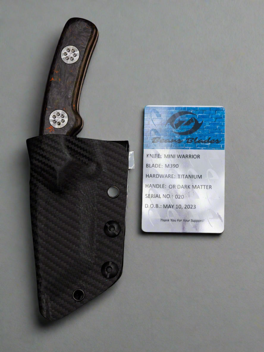 Beans Blades Fixed Mini Warrior Tanto M390 Orange/ Black Dark Matter Camo Carbon