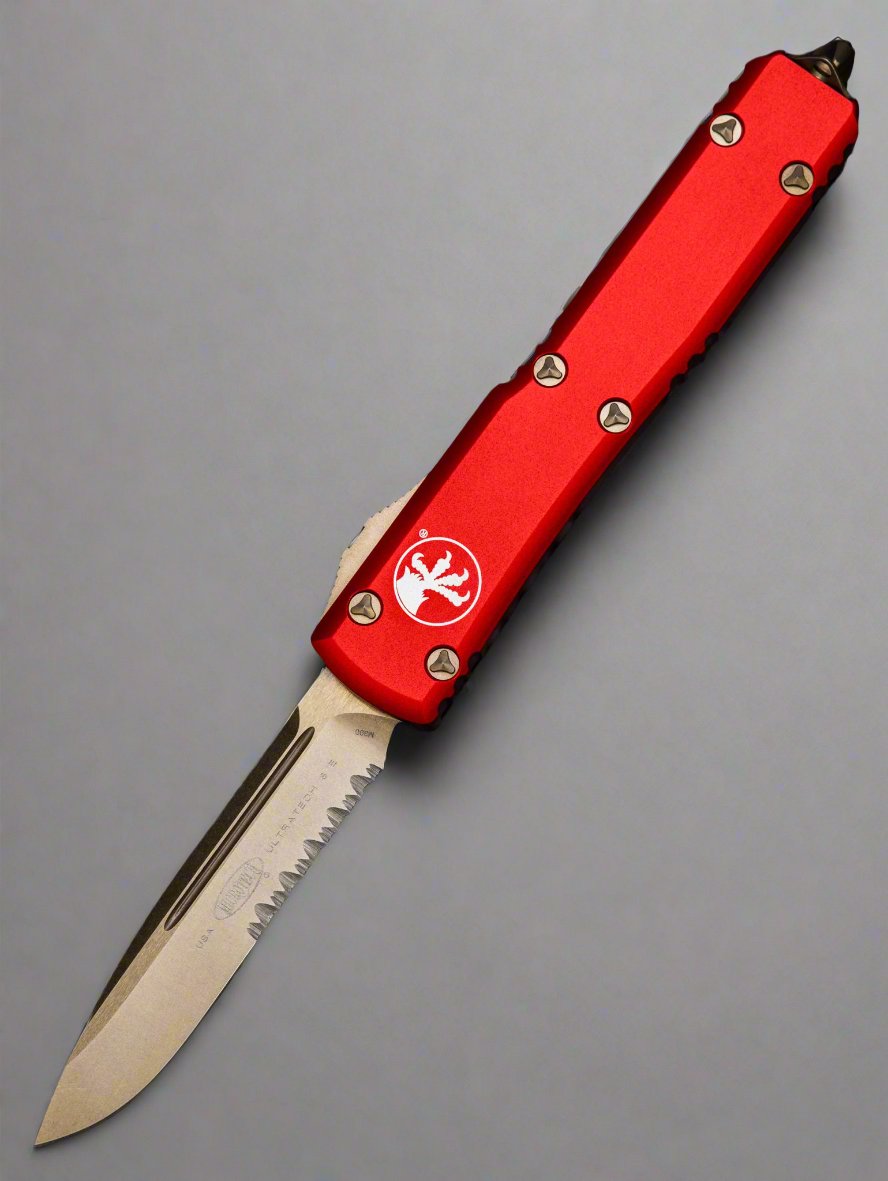MICROTECH ULTRATECH OTF KNIFE- SINGLE EDGE- RED HANDLE- BRONZED PART SERRATED BLADE 121-14 RD