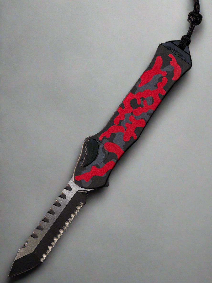 Heretic Hydra V3 Red Camo Aluminum Handle & Two Tone Cerakote Tanto Full Serrated MagnaCut H006-10C-RCAMO