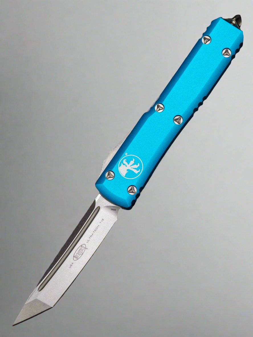 MICROTECH ULTRATECH OTF KNIFE- TANTO EDGE- TURQUOISE HANDLE- STONEWASH BLADE 123-10 TQ