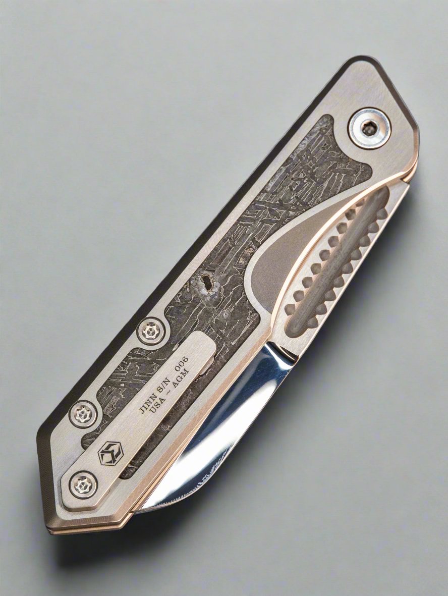 Heretic Jinn Custom - Titanium w/ Meteorite Space Rock Inset & Hand Ground Mirror Polished Elmax MOP Pivot Inlays