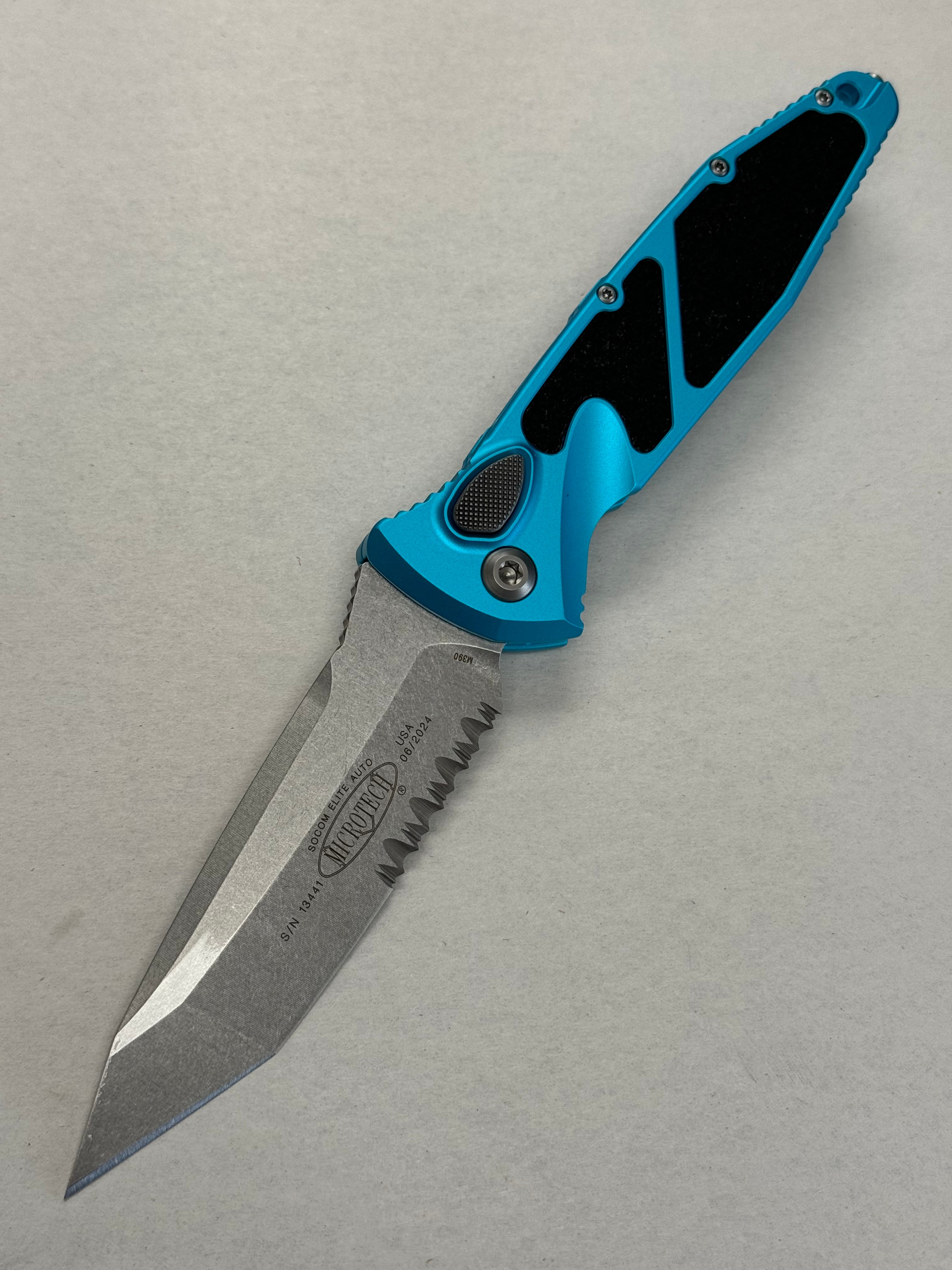 Microtech Socom Elite Auto Turquoise Handles w/ Stonewash Tanto Edge Partial Serrated 161A-11 TQ