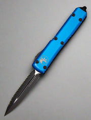 MICROTECH ULTRATECH OTF KNIFE- DOUBLE EDGE- BLUE HANDLE- BLACK FULL SERRATED BLADE 122-3 BL