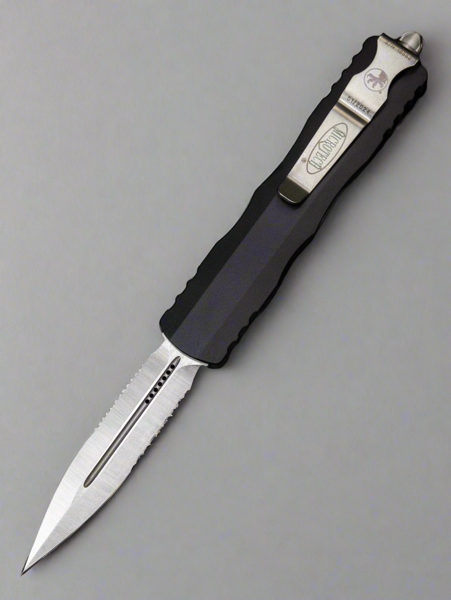Microtech 225-5 Dirac AUTO OTF Knife 2.92" Satin Double Combo Edge Dagger Blade, Black Aluminum Handles