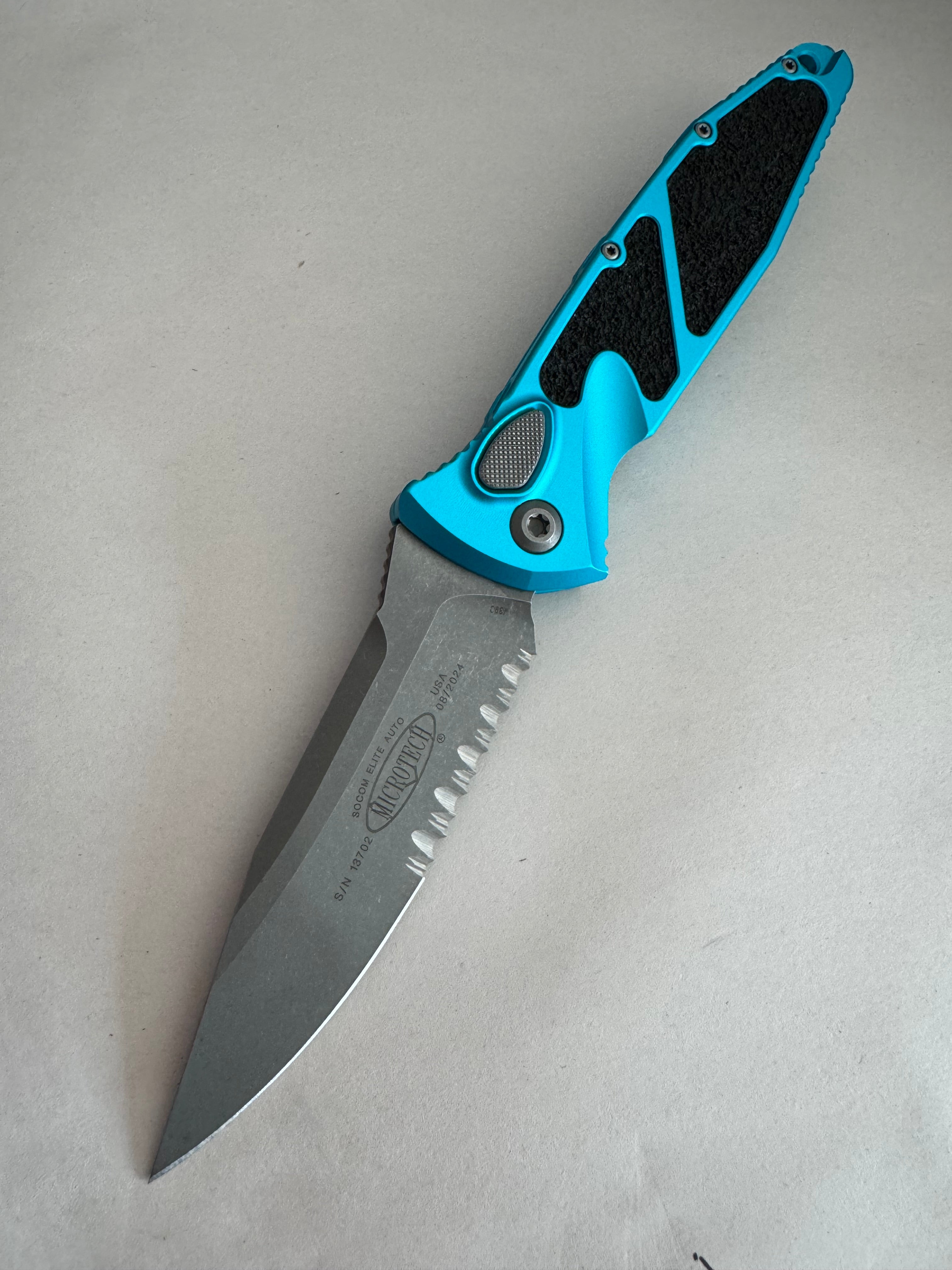 Microtech Socom Elite Auto Turquoise Handles w/ Stonewash Single Edge Partial Serrated 160A-11 APTQ